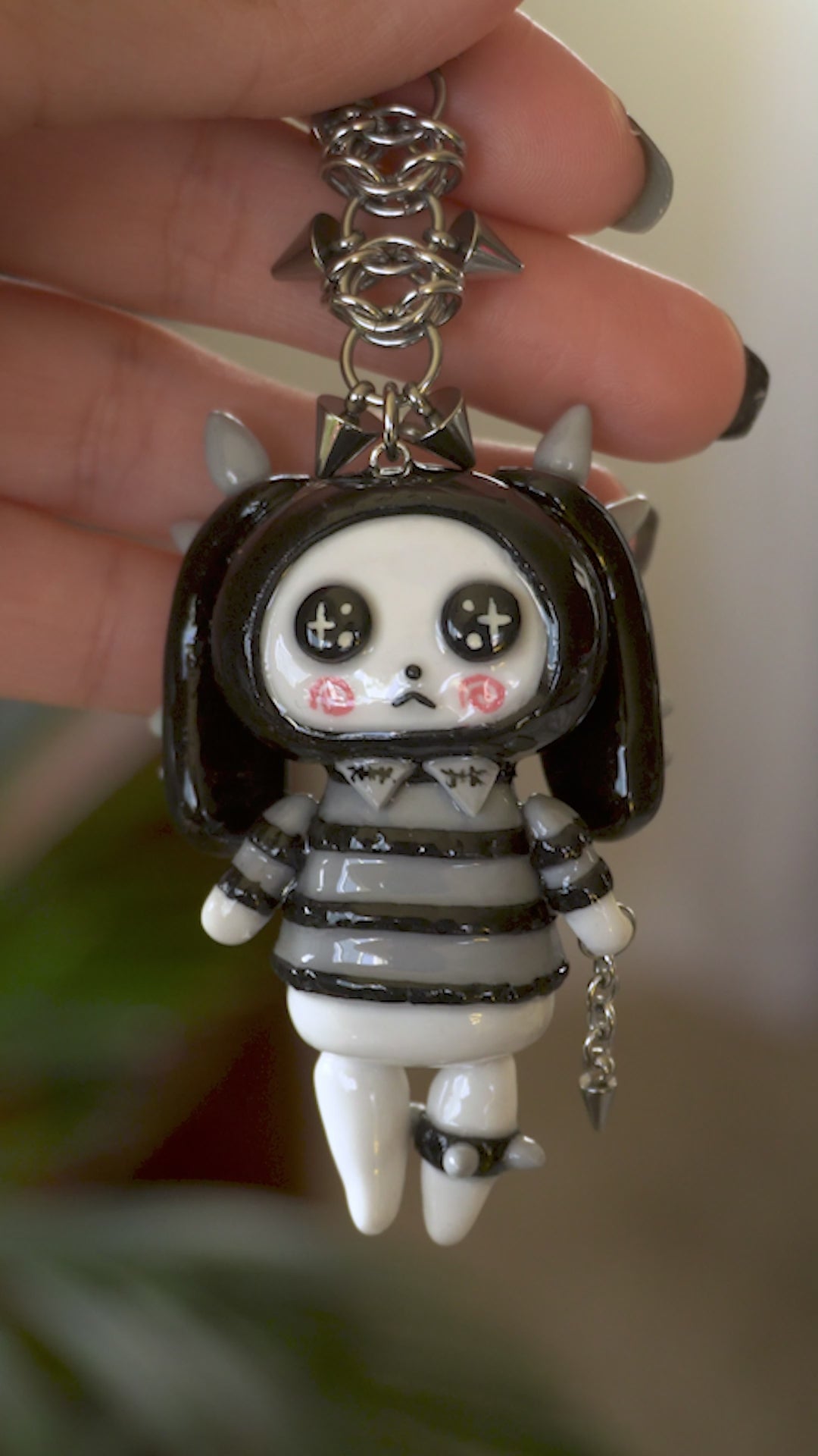 Punky Spiked Gothic Bunny Spirit Polymer Clay Keychain